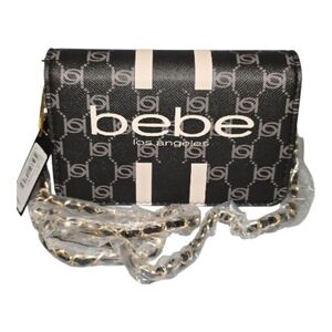 Bebe L.A. PAISLEY FLAP Black & Cream Crossbody/ Clutch,Wallet Chain Detail Strap